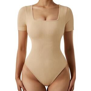 SUUKSESS Womens Ribbed Bodysuit Short Sleeve Square Neck Bodysuit Small
